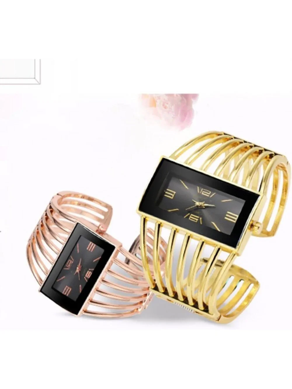 Women's Gold Black Luxury Rectangular Case Analog Quartz Fashion Wrist Watches